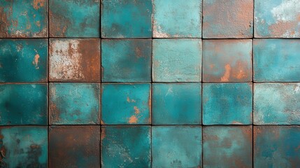 This image showcases a textured arrangement of turquoise tiles, reflecting an artistic touch with a rustic ambiance that would enhance any interior decor.