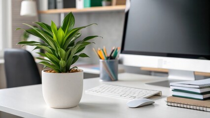 Medium closeup of a stylish office plant on a desk enhancing mental wellbeing in a workspace designed for maximum productivity.