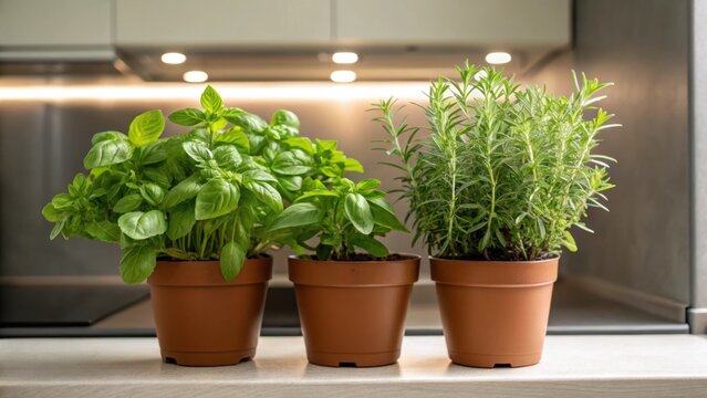 Medium closeup of a vibrant indoor herb garden on a kitchen counter showcasing small pots of basil rosemary and mint blending functionality with a biophilic touch.