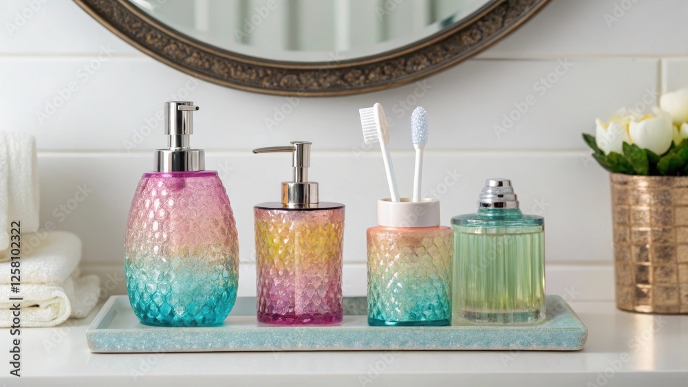 Aufkleber medium closeup of bath accessories on a vanity highlighted with a changing palette of ambient colors