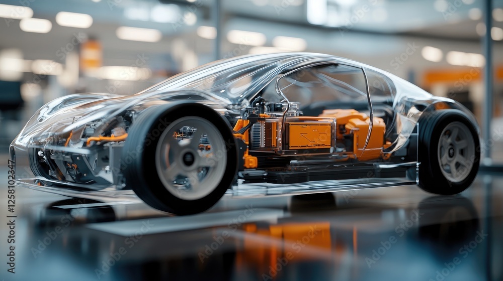 Aufkleber close-up of a realistic 3d model of a transparent car body, showcasing the mechanical and electronic