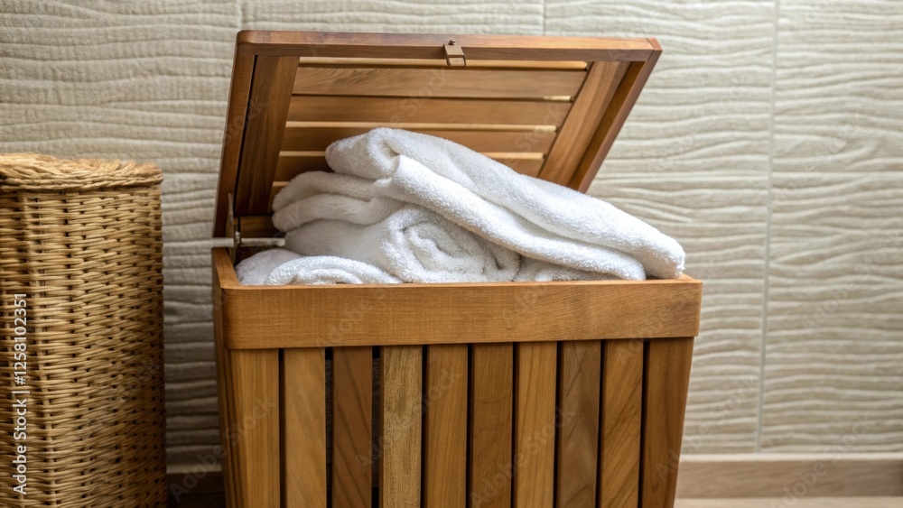 Poster medium closeup of a wooden laundry basket with a builtin lid overflowing with freshly washed and nea