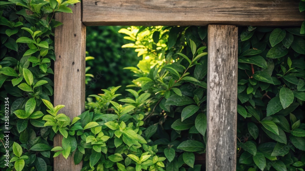 Poster medium closeup of a wooden frame supporting a lush vertical garden focusing on the various shades of