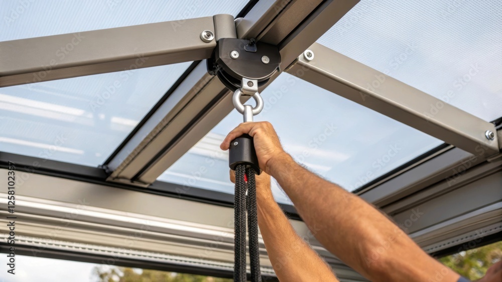 Poster Medium closeup of a worker adjusting a pulley system attached to the top of the retractable enclosure emphasizing the mechanism that allows the panels to slide open seamlessly.