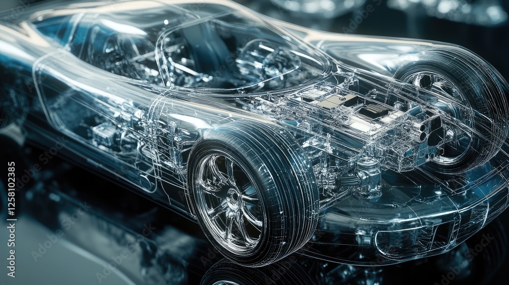 Poster close-up of a realistic 3d model of a transparent car body, showcasing the mechanical and electronic