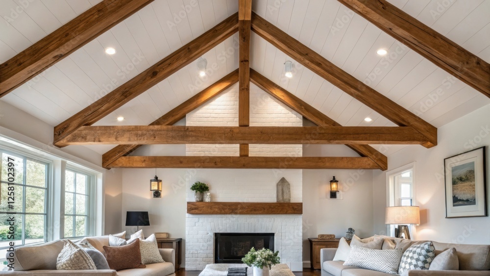 Poster medium closeup of intersecting wood beams in a cozy living room creating a warm atmosphere with cont