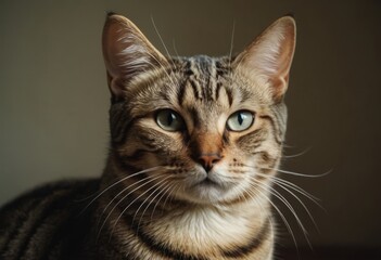 Obraz premium Close-up of a tabby cat with intense gaze against a neutral background