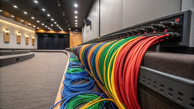 Medium closeup of colorful audio speaker cables being organized and neatly routed along the edges of a theater room emphasizing cables aesthetic integration.