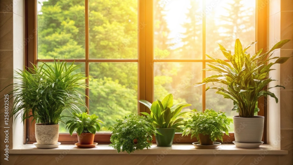 Poster Medium closeup of sunlight filtering through a large window illuminating a selection of indoor plants arranged on the sill creating a vibrant inviting space.