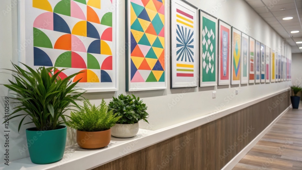 Poster medium closeup showing a corner of a hallway with a vibrant gallery wall filled with colorful geomet