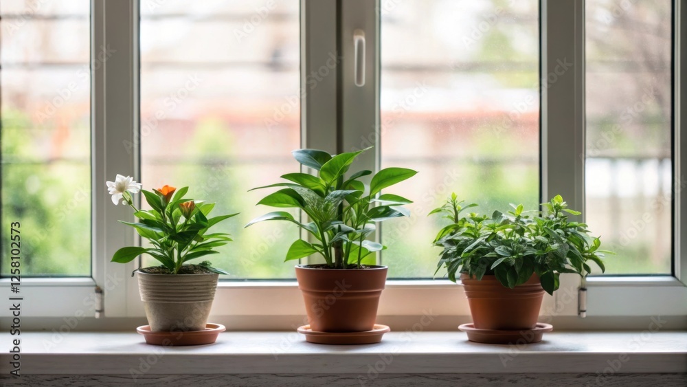 Poster potted plants on the windowsill bring nature indoors adding a touch of serenity.
