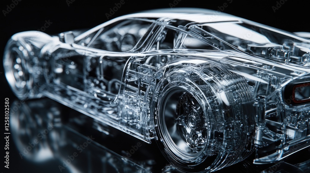 Poster close-up of a realistic 3d model of a transparent car body, showcasing the mechanical and electronic