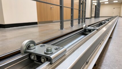 Obraz premium Medium closeup of the sliding mechanism on the top track showcasing smooth gliding action and sy metal components against a backdrop of neutralpainted walls.