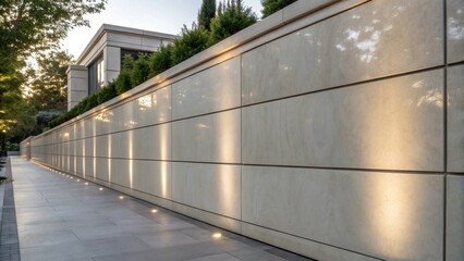 Medium closeup showcasing a decorative concrete wall with a smooth polished finish reflecting subtle light patterns that create an elegant and modern appearance.