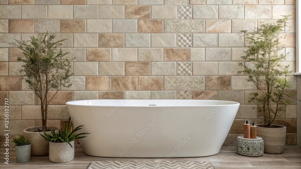 Poster textured tiles in muted earth tones create a soothing backdrop for an inviting freestanding bathtub 