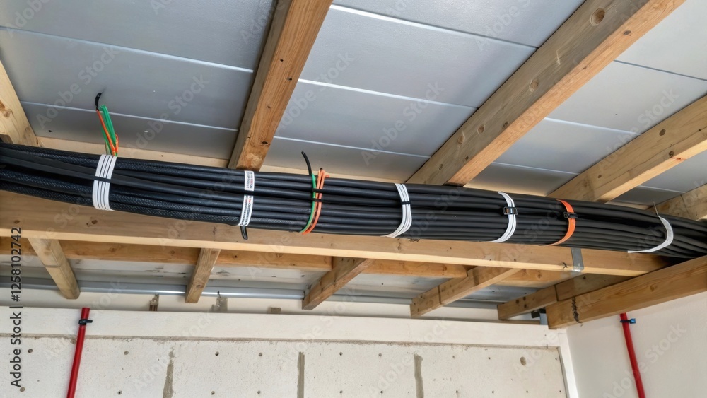 Aufkleber The image features a clamped power cable running along a ceiling beam with ties securing it in place
