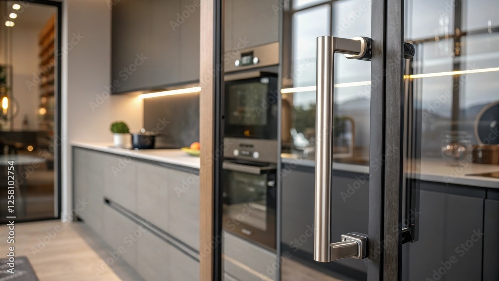 Poster the reflection of a stylish kitchen seen through a glass panel next to a sleek handle merging indoor