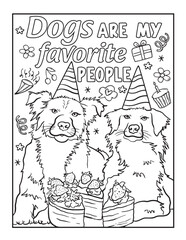 Fototapeta premium Unique birthday dogs with birthday element coloring page, hand drawn cute dog with birthday hat and dog quote