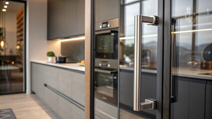 The reflection of a stylish kitchen seen through a glass panel next to a sleek handle merging indoor aesthetics with functional hardware.