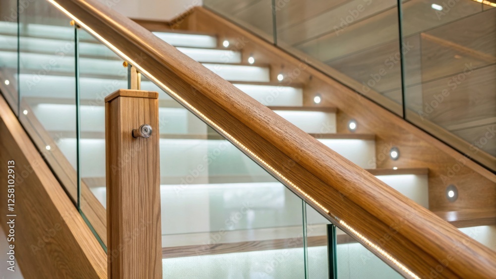 Poster zoomed in on the joinery where the luminous glass panels meet a sy wooden handrail emphasizing craft