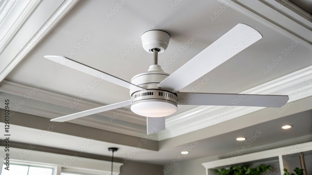 Poster the focus is on the ceiling mount where the fan hangs showcasing a clean and sleek design against a 