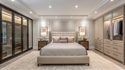 A beautifully renovated master bedroom with soft neutral tones highlighting a plush kingsized bed and a seamless transition to a wellorganized walkin closet adorned with fresh