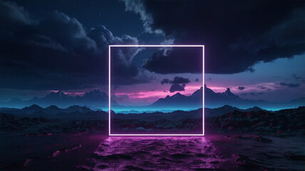 Cyberpunk Fantasy Terrain – 3D Neon Glow, Dark Mountains & Thunderous Sky