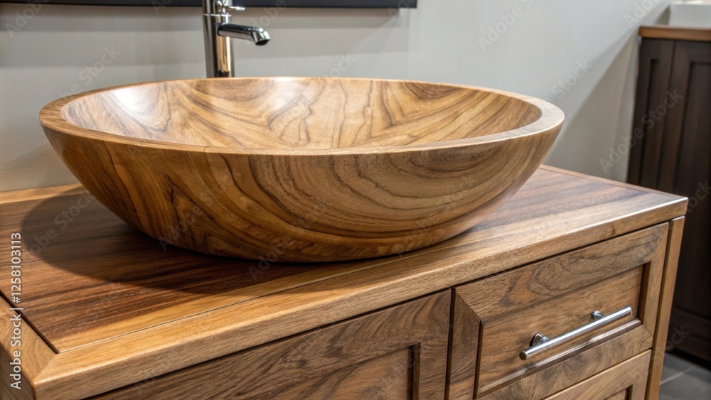 Poster a beautifully finished wooden vanity with a vessel sink featuring sleek lines with a focus on the un