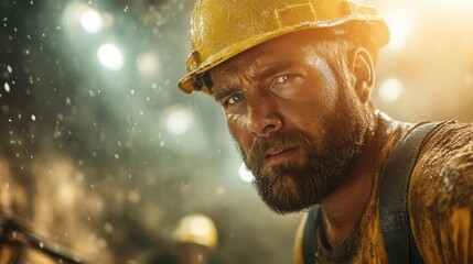 A close-up portrait of a rugged miner with a serious expression captures the essence of hard work, determination, and resilience in challenging mining conditions.