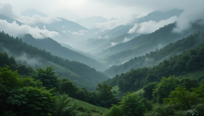 Obraz premium Lush Green Mountains Shrouded in Mist Under Cloudy Skies Depicting Dense Forested Valleys in the Early Morning