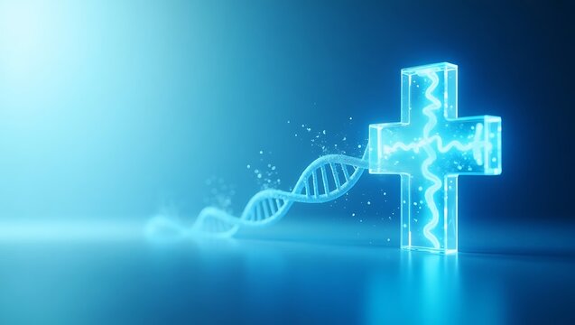 Glowing 3D Holographic Medical Cross with DNA Strands on a Futuristic Blue Background