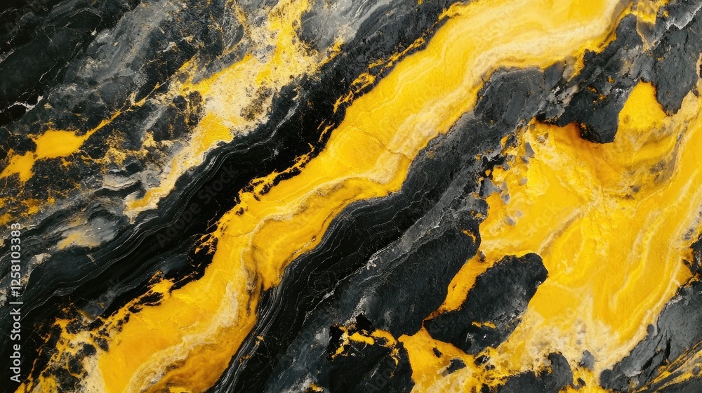 Poster close-up of a rugged rock with unique yellow and black streaks, showcasing the geological beauty and