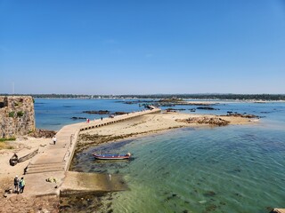 Malvan, Maharashtra India - January 28 2025: Sindhudurg Fort is a historical sea fort located in Arabian Sea near the Konkan region of Maharashtra in Western India. 