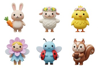 Obraz premium Charming Animal Illustration Set Featuring Bunny, Lamb, Chick, Fairy, Ladybug, and Squirrel for Children's Decor and Craft Projects