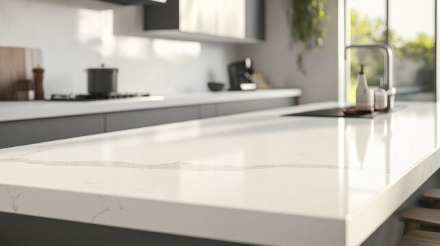 A modern kitchen with a quartz countertop.