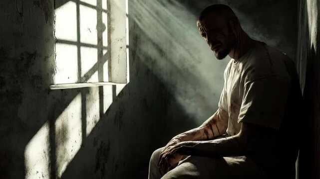 Isolated prisoner sitting motionless on wooden stool inside dim cell, sunlight piercing through metal bars, deeply contemplating personal circumstances with profound emotional weight
