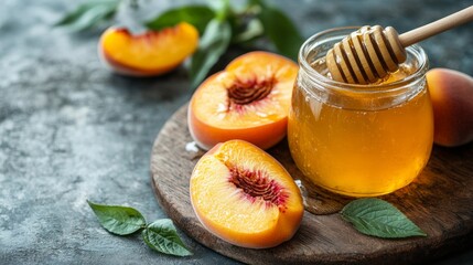 Fresh peaches with honey in a glass jar on a wooden board, surrounded by peach slices and green leaves, perfect for summer recipes and natural sweeteners