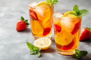 Fototapeta premium Strawberry lemonade with mint and ice on a dark background