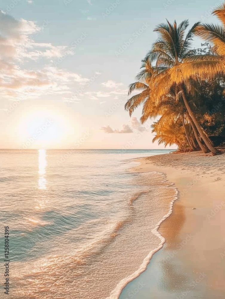 Aufkleber Sun sets over a tranquil beach with palm trees and gentle waves lapping at the shore in a serene tropical paradise. Generative AI
