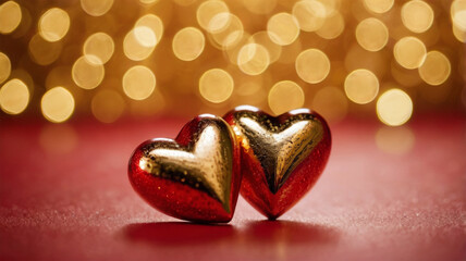 Romantic Golden Bokeh with Red Hearts – Valentine’s Day Love Background