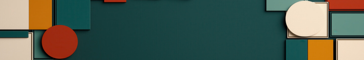 Abstract geometric shapes with vibrant colors and layered effects on dark green background