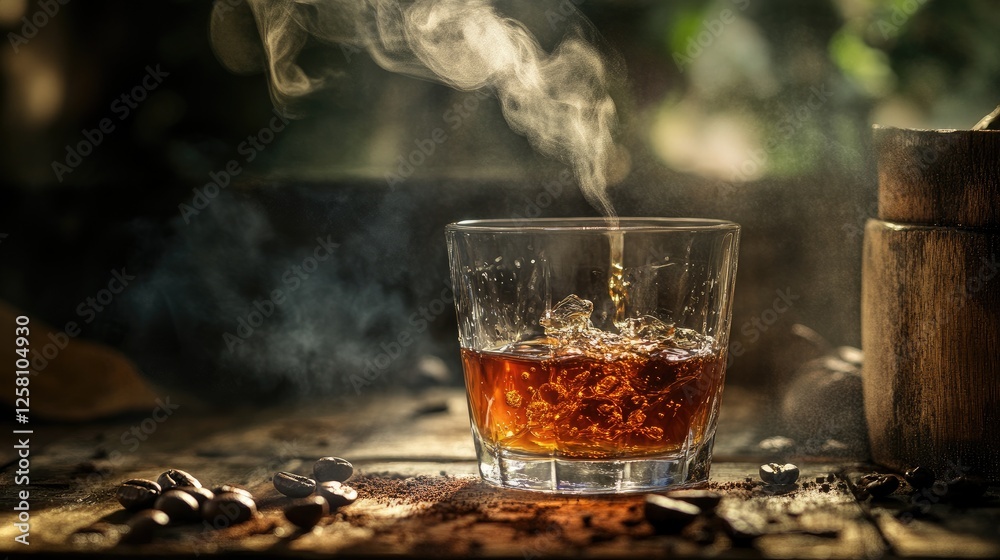 Aufkleber Close up of smooth espresso flowing into a glass with steam rising, set against a rustic backdrop, creating an inviting and indulgent scene.