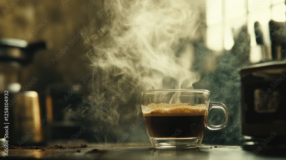 Poster Close up of smooth espresso flowing into a glass with steam rising, set against a rustic backdrop, creating an inviting and indulgent scene.