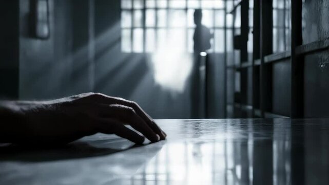 Nervous hand tapping on table, prisoner silhouetted against bright light, symbolizing potential freedom and hope beyond prison confinement