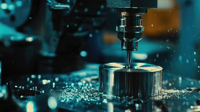 Close-up of the machining process in an industrial workshop, showcasing polished stainless steel being worked on with precision in a metalworking environment.