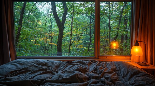Fototapeta Cozy bedroom window autumn forest view, calm morning