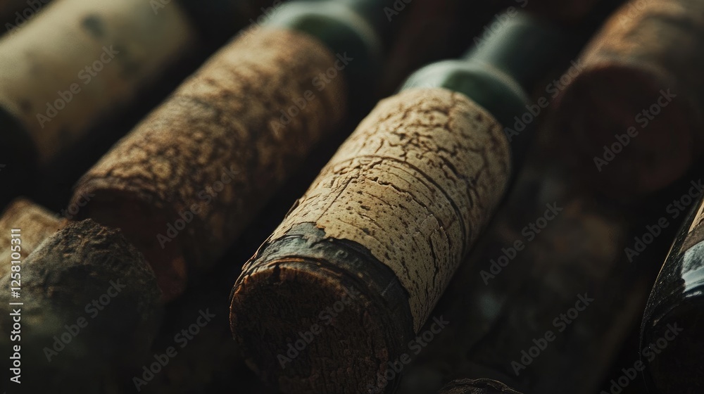 Poster Close-up of wine corks with visible textures, each representing the story of a unique vintage, capturing the essence of wine and craftsmanship.