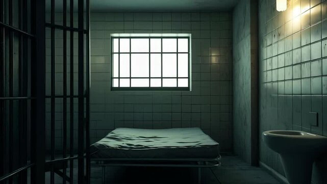 Dimly lit prison cell interior revealing sparse living conditions through slowly opening metal bars, exposing institutional environment with minimalist bed and sink under small window