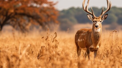 Fototapeta premium photograph of Red deer standing in the grass in the dry season