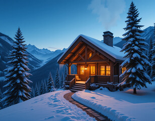 Fototapeta premium Cozy Winter Cabin in the Mountains